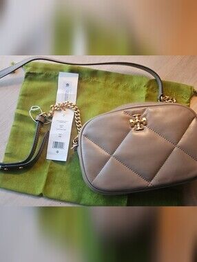 Tory Burch Kira Quilted Crossbody Bag in Taupe with gold hardware.